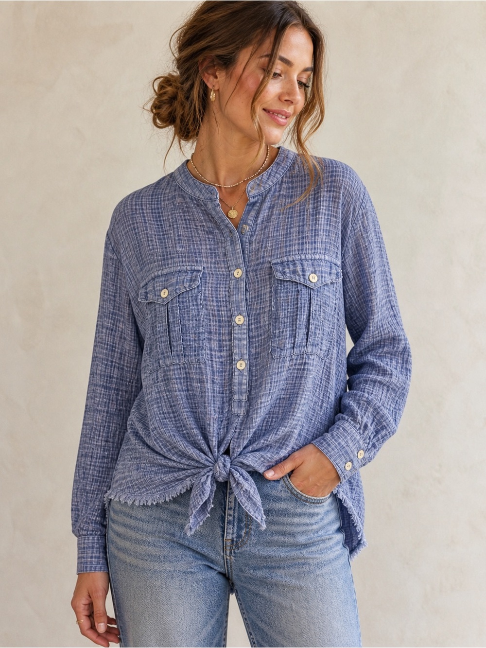 Free People Medium Talk To Me Lightweight Blue Gauze Plaid High Low Button Shirt